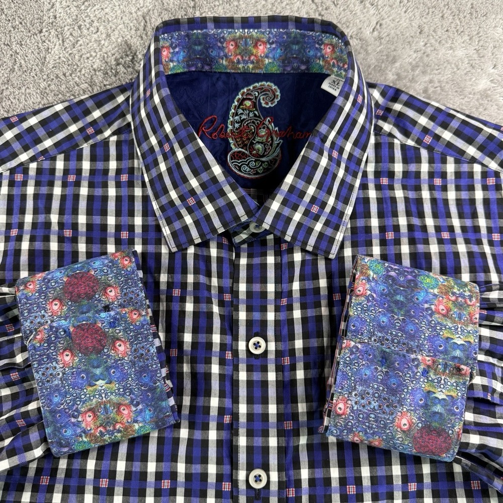 Robert Graham Mens XL Button Up Shirt Blue Black Plaid Flip Cuff Paisley Classic